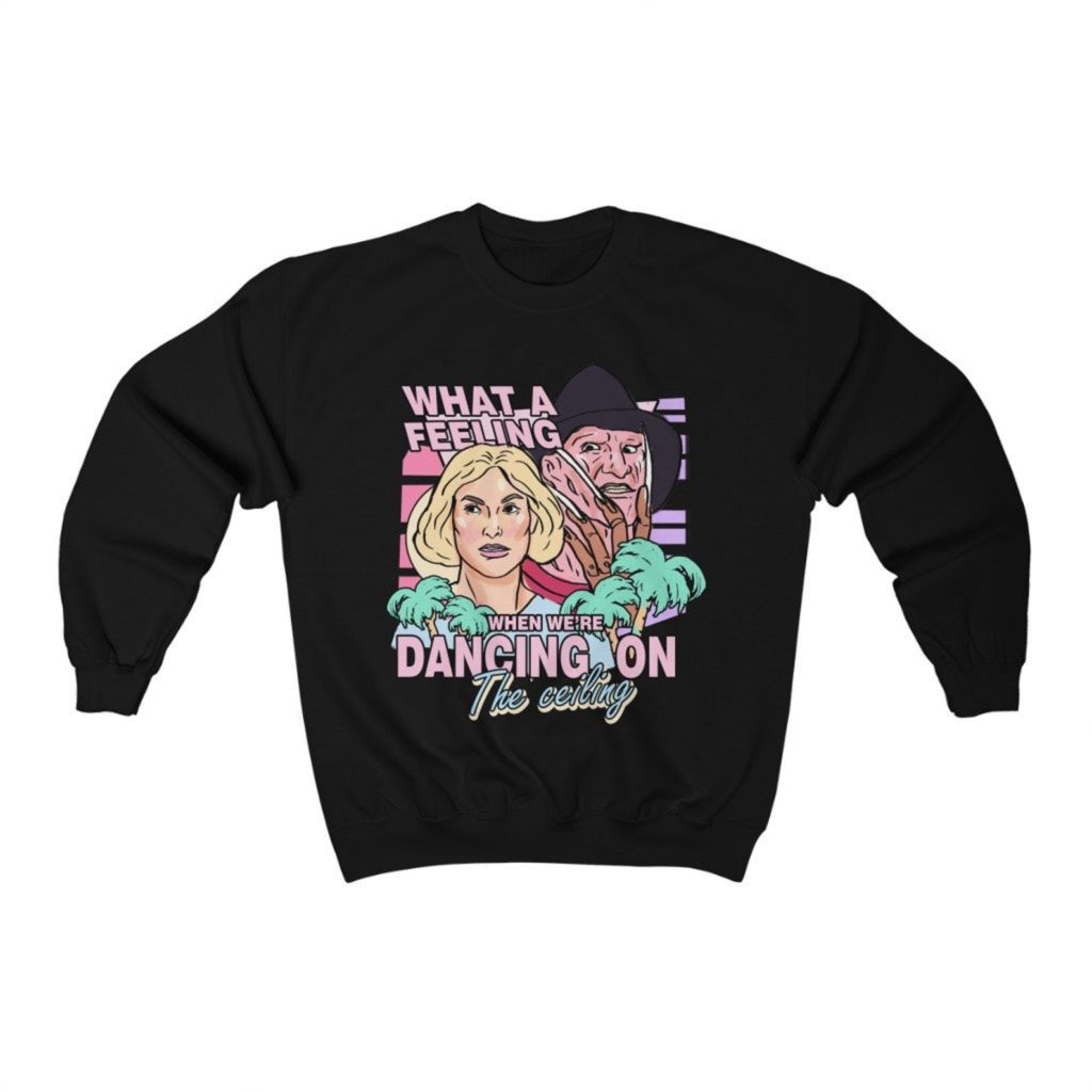 Product photo of black crew neck sweatshirt with retro illustration of Tina Gray (Amanda Wyss) and Freddy Kreuger from Nightmare on Elm Street (1984)