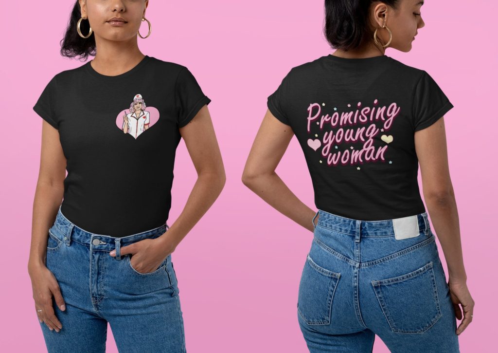 2 blended photos (front and back views) of female model wearing black crew neck tshirt; Front tshirt design shows a retro illustration of Cassandra (Carey Mulligan) from Promising Young Woman; Back tshirt design shows text saying "Promising Young Woman"