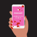 Vector image of hand holding up iPhone with "podcast" on screen