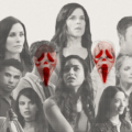 Photo collage of Scream 5 cast of characters including Gale Weathers (Courteney Cox), Sidney Prescott (Neve Campbell), Dewey Riley (David Arquette)