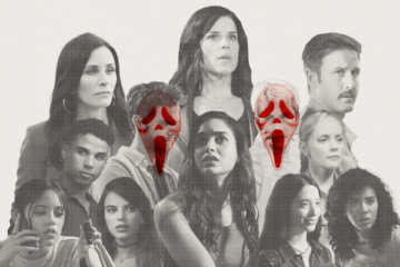 Photo collage of Scream 5 cast of characters including Gale Weathers (Courteney Cox), Sidney Prescott (Neve Campbell), Dewey Riley (David Arquette)