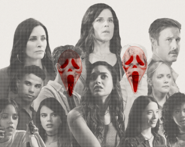 Photo collage of Scream 5 cast of characters including Gale Weathers (Courteney Cox), Sidney Prescott (Neve Campbell), Dewey Riley (David Arquette)