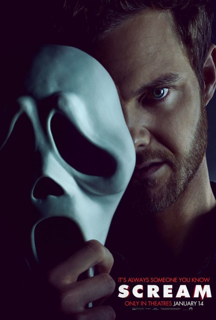 Scream 5 poster of Jack Quaid's character holding Ghostface mask
