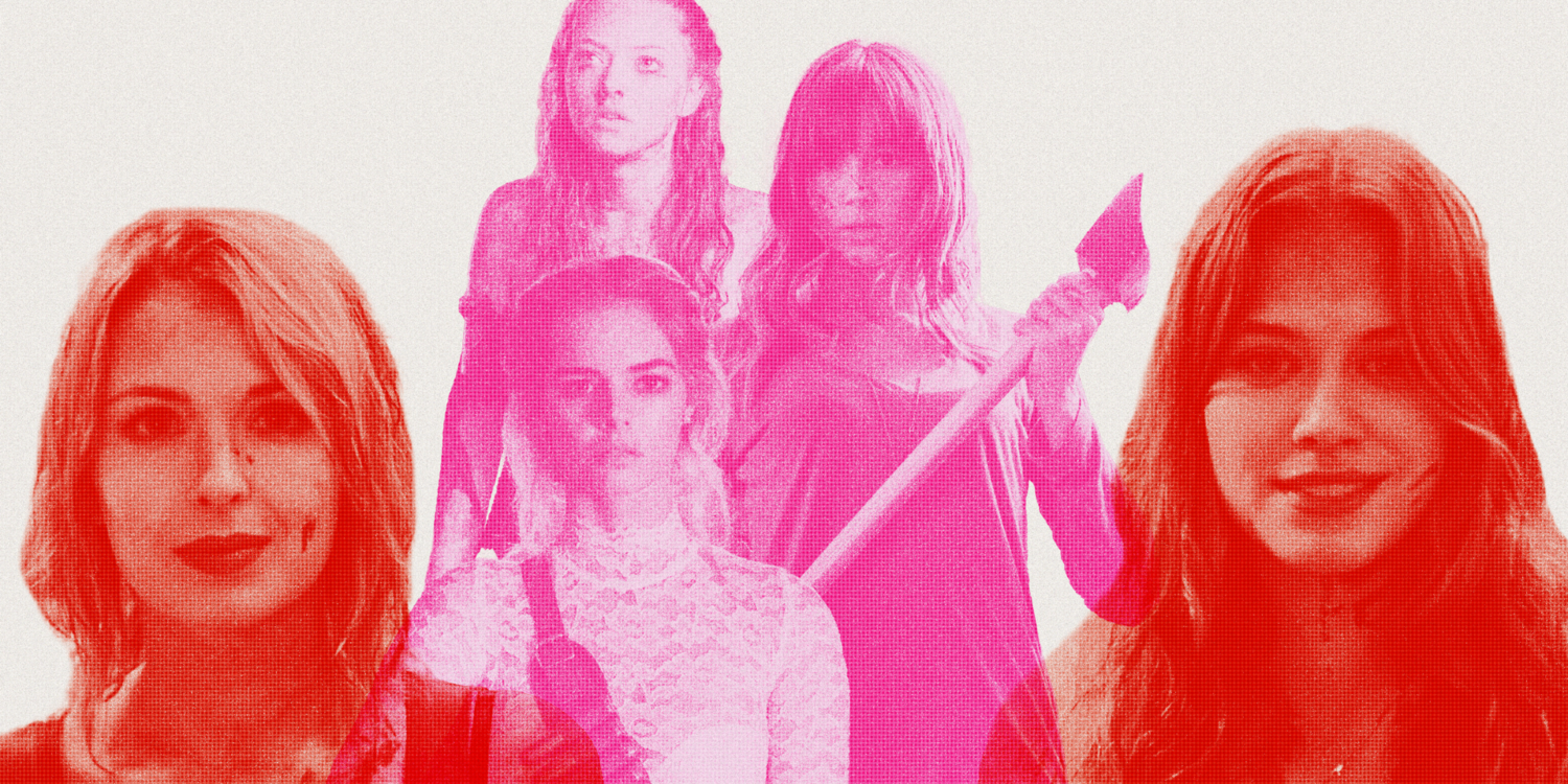 Photo collage of horror movie final girls featuring Samara Weaving (Grace from Ready Or Not), Amanda Seyfried (Jennifer's Body), Sharni Vinson (Erin from You're Next), and Tiera Skovbye and Kirsten Zien (from Even Lambs Have Teeth)