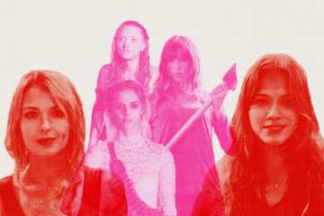 Photo collage of horror movie final girls featuring Samara Weaving (Grace from Ready Or Not), Amanda Seyfried (Jennifer's Body), Sharni Vinson (Erin from You're Next), and Tiera Skovbye and Kirsten Zien (from Even Lambs Have Teeth)