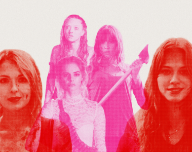 Photo collage of horror movie final girls featuring Samara Weaving (Grace from Ready Or Not), Amanda Seyfried (Jennifer's Body), Sharni Vinson (Erin from You're Next), and Tiera Skovbye and Kirsten Zien (from Even Lambs Have Teeth)