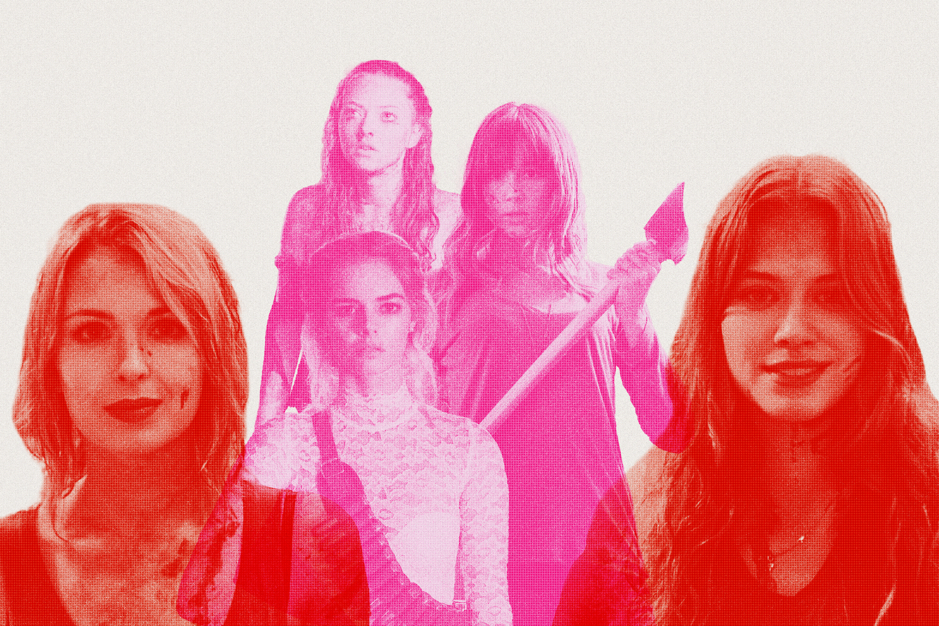 Photo collage of horror movie final girls featuring Samara Weaving (Grace from Ready Or Not), Amanda Seyfried (Jennifer's Body), Sharni Vinson (Erin from You're Next), and Tiera Skovbye and Kirsten Zien (from Even Lambs Have Teeth)