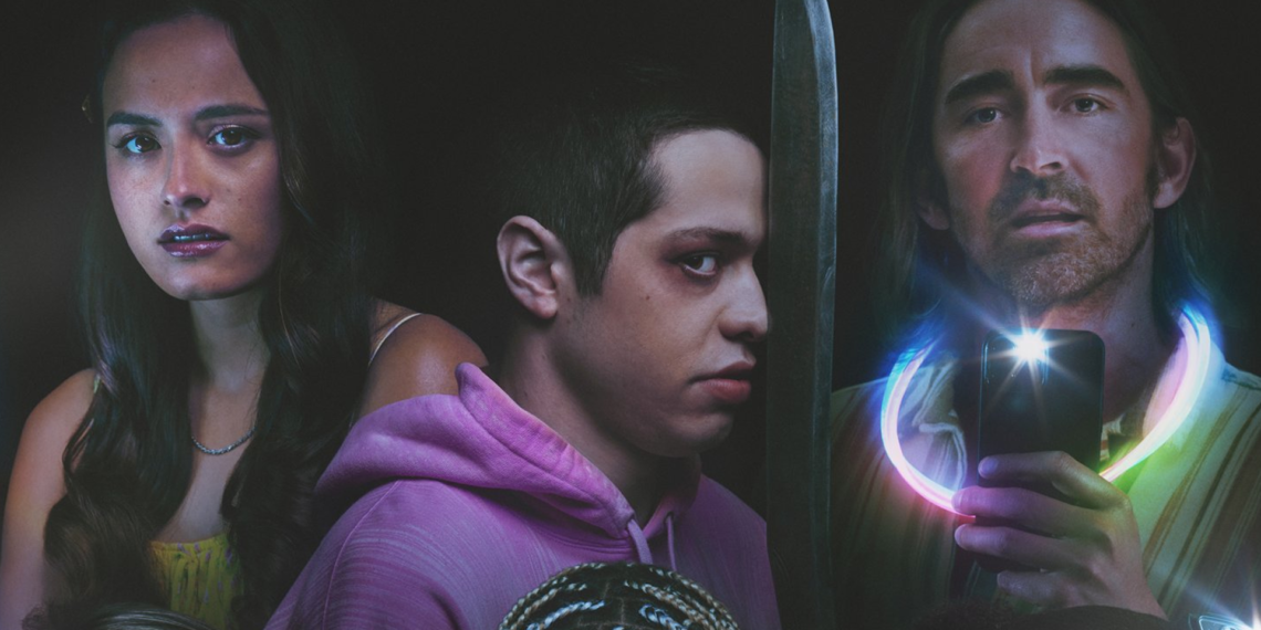 Cropped view of A24's Bodies Bodies movie poster with Emma (Chase Sui Wonders), David (Pete Davidson), and Greg (Lee Pace)