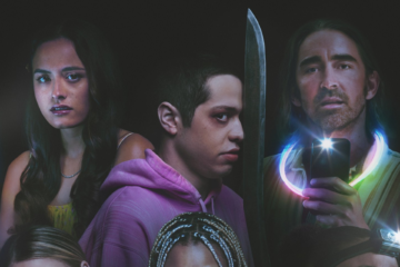 Cropped view of A24's Bodies Bodies movie poster with Emma (Chase Sui Wonders), David (Pete Davidson), and Greg (Lee Pace)