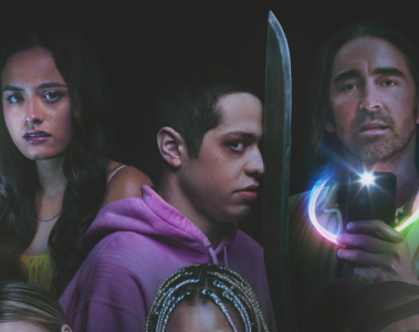 Cropped view of A24's Bodies Bodies movie poster with Emma (Chase Sui Wonders), David (Pete Davidson), and Greg (Lee Pace)