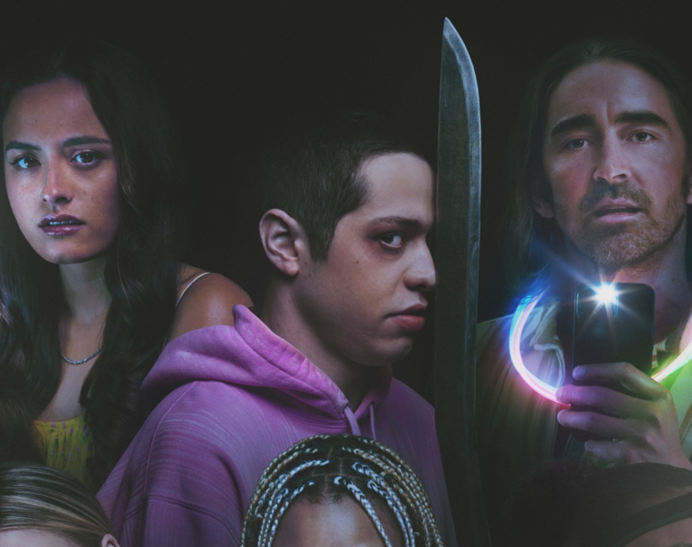 Cropped view of A24's Bodies Bodies movie poster with Emma (Chase Sui Wonders), David (Pete Davidson), and Greg (Lee Pace)