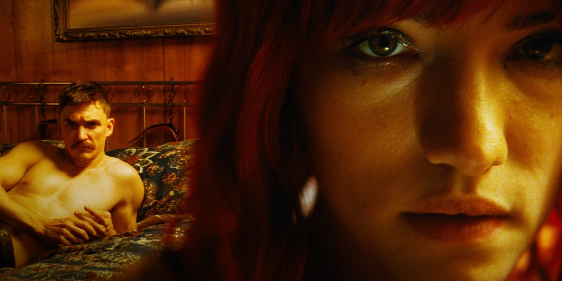 Closeup of Willa Fitzgerald with Kyle Gallner in background in Strange Darling