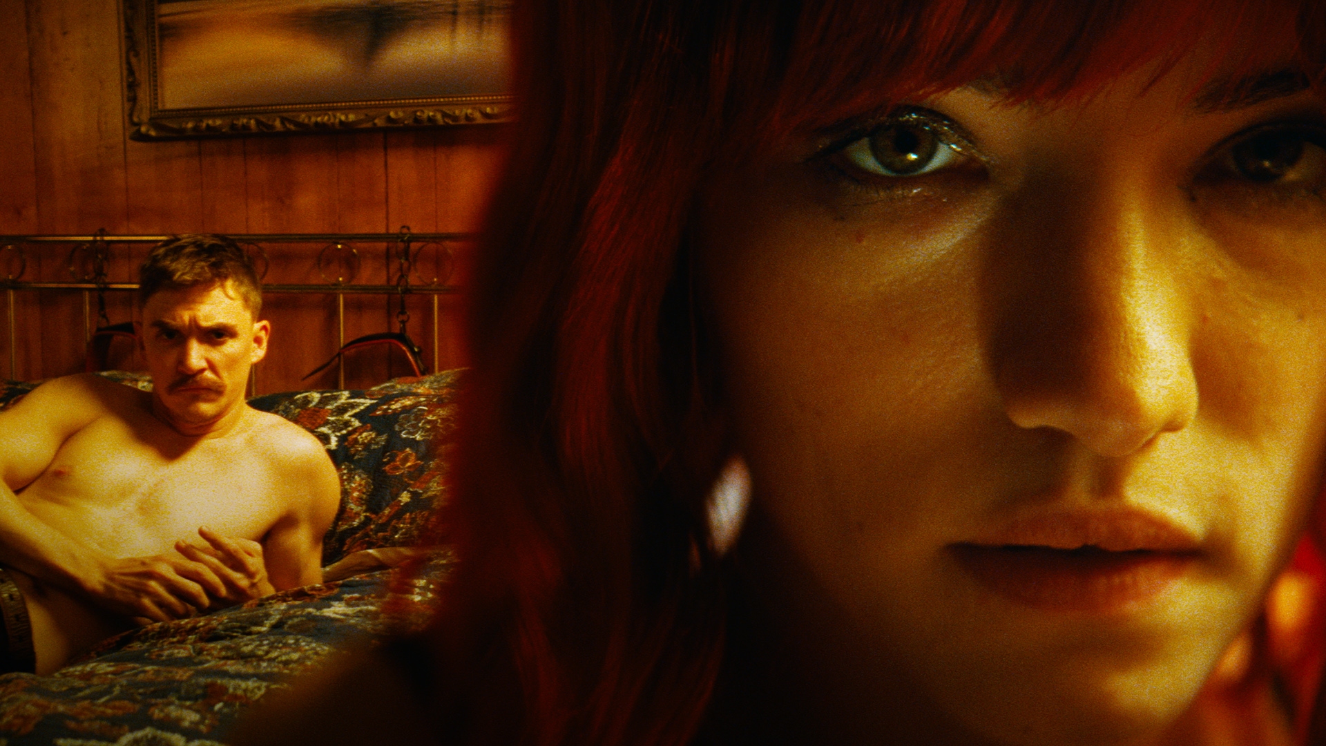 Closeup of Willa Fitzgerald with Kyle Gallner in background in Strange Darling